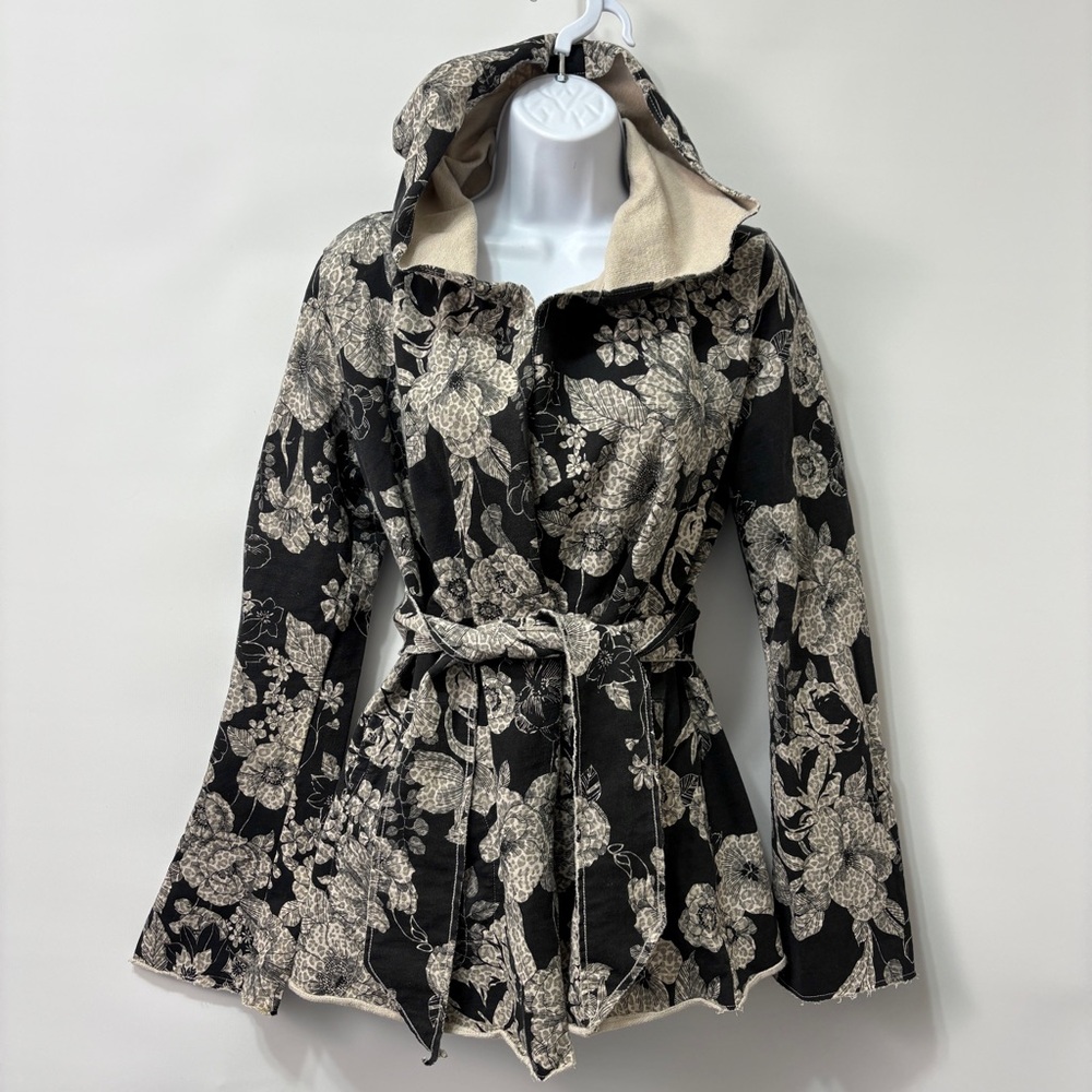 VTG Y2K Lucky Brand French Terry Fit & Flare Wrap Hoodie Cardigan floral Leopard